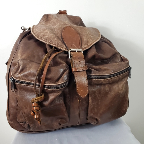 Rugby Handbags - Vintage 90s RUGBY North America Pebbled Leather Drawstring Backpack Brown